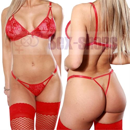 Conjunto rojo corpiño semitransparente y tanga con triangulo