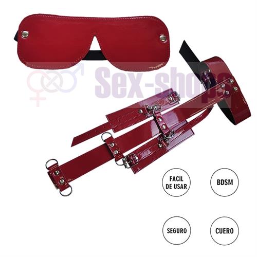 Kit de ecocuero rojo inmobilizador con esposas y antifaz