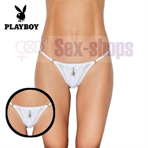 Tanga Premium con detalle de Playboy blanca